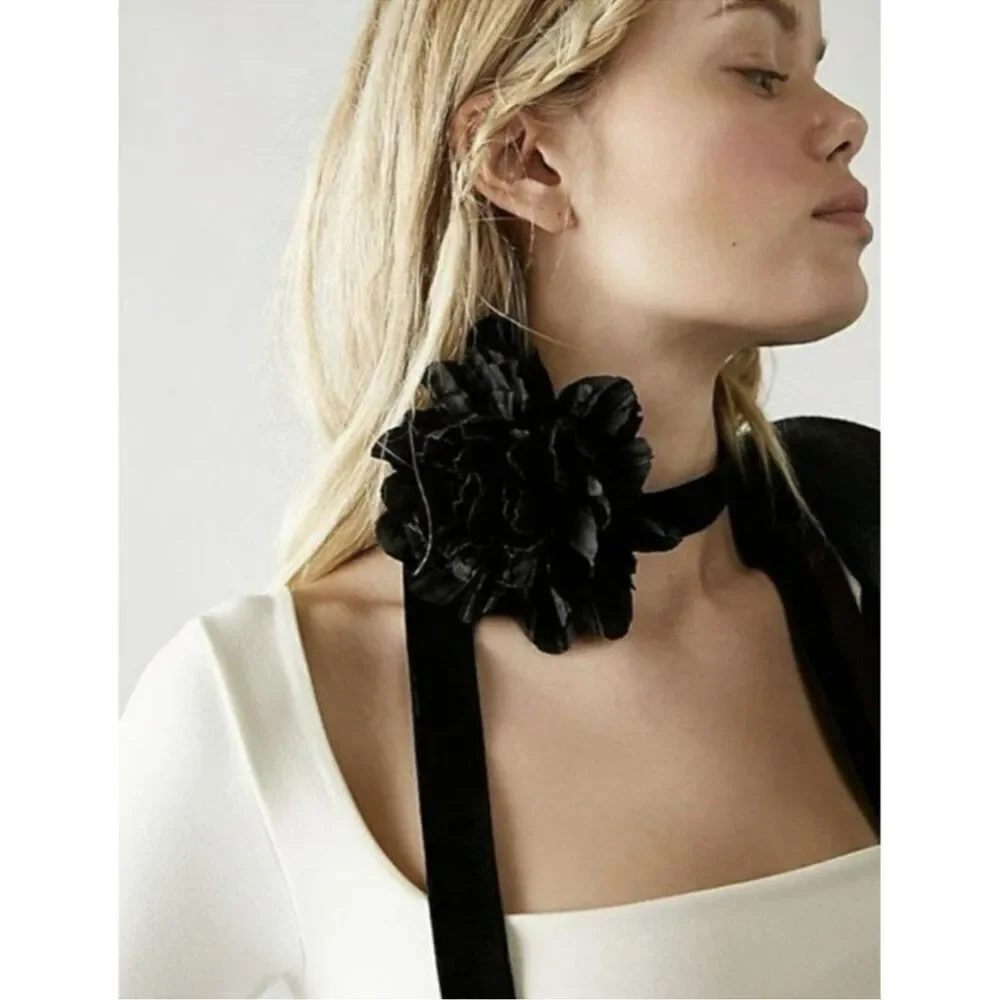 Free People Elegant Black Floral Choker Necklace